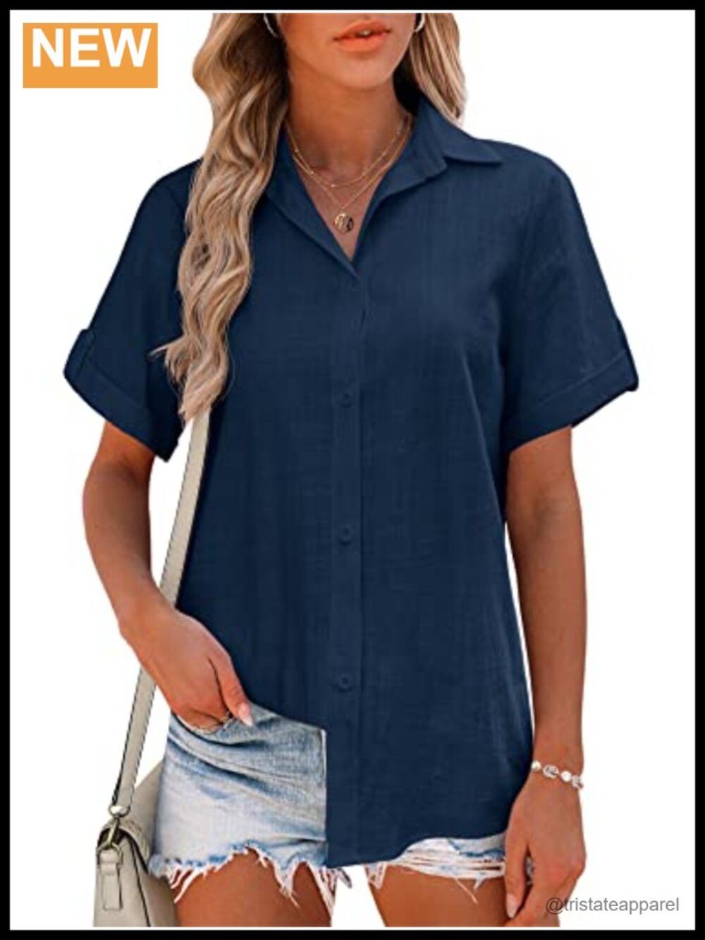 Women's Cotton Button Down Shirt Short Sleeve Blouse Sleeve Tabs Curved Hem